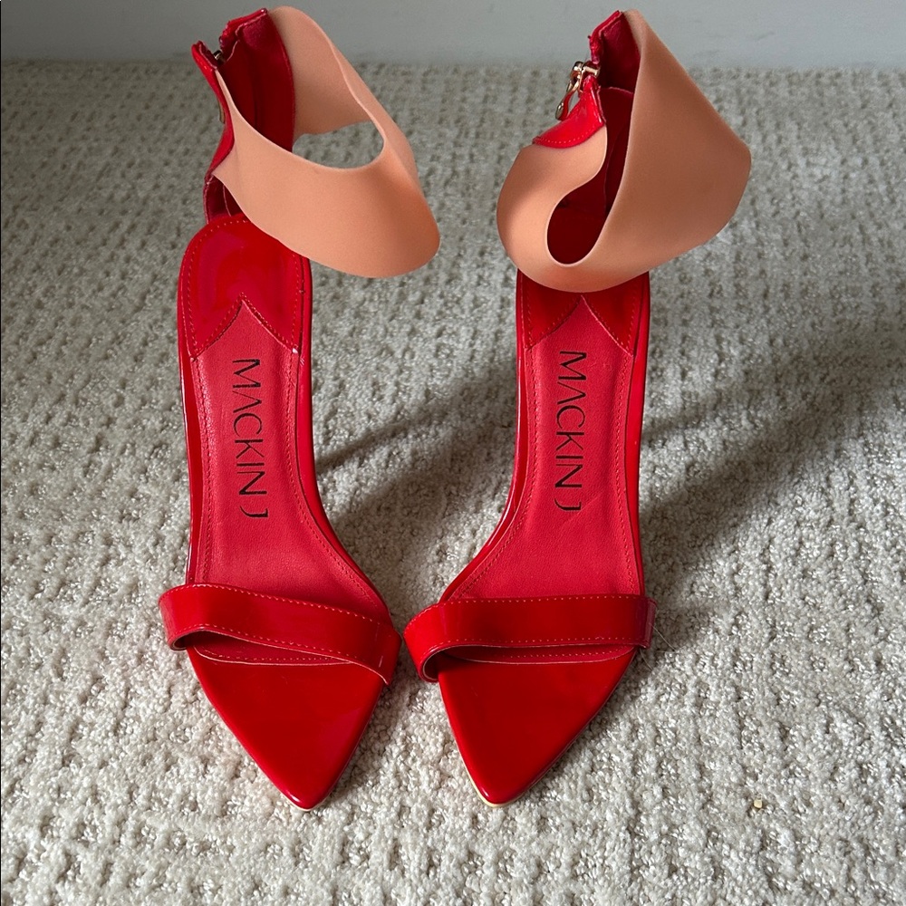 MACKIN J Bright Red patent leather stilettos with nude rubber ankle strap